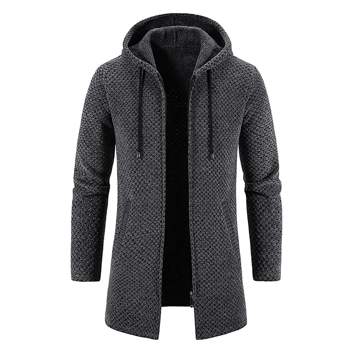 Dunkelgrauer Herrenmantel mit Kapuze, Strickmuster, langärmelig, modisch, warm.