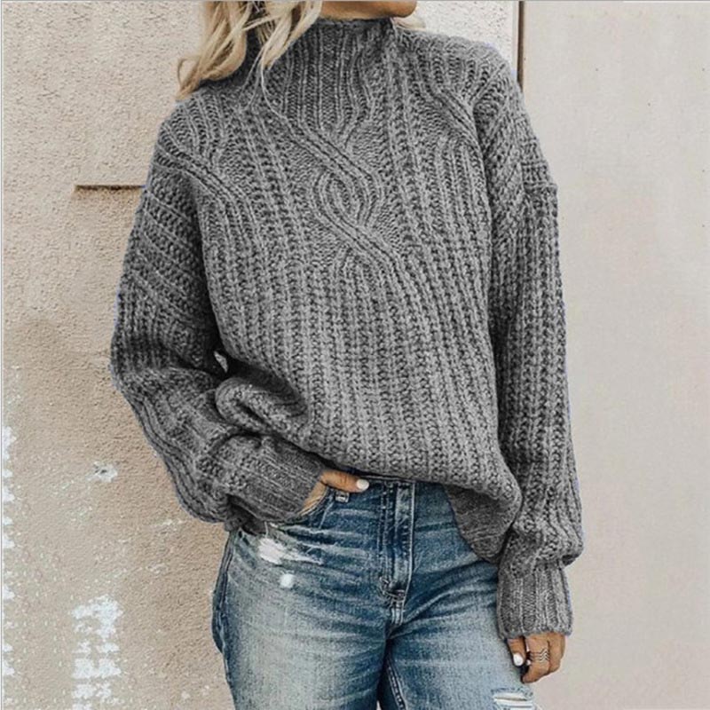 Grauer Strickpullover Damen, Zopfmuster, Rollkragen, lässig, Herbstmode, gemütlich, warm.