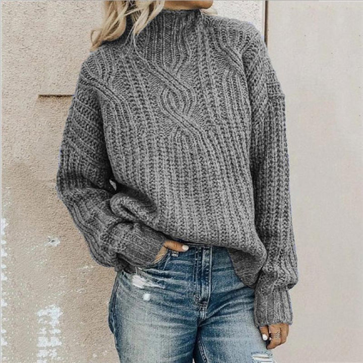 Grauer Strickpullover Damen, Zopfmuster, Rollkragen, lässig, Herbstmode, gemütlich, warm.
