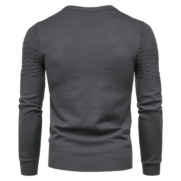 Dunkelgrauer Herrenpullover, Strick, Langarm, gerippt, modisch, bequem, Wintermode.