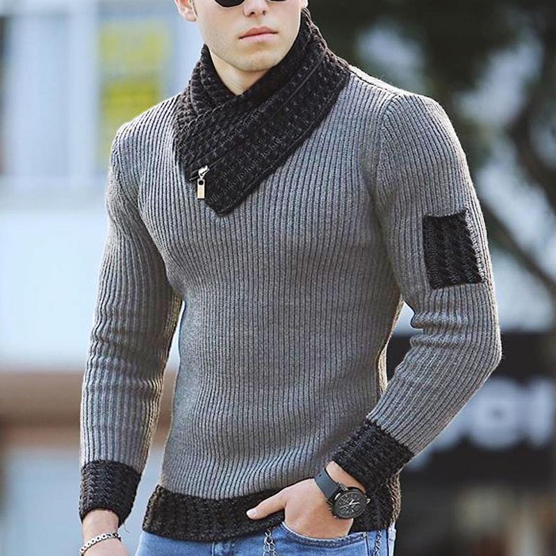 Grauer Herrenpullover mit schwarzem Kragen, Strickmuster, modisch, warm, Wintermode.