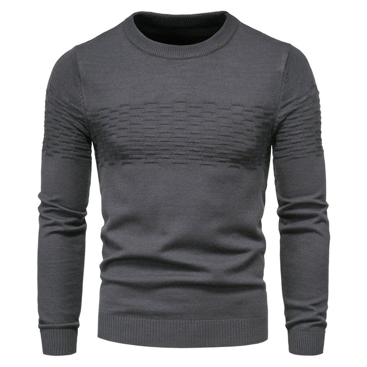 Grauer Herrenpullover, Strickmuster, Rundhalsausschnitt, Langarm, modisch, bequem.