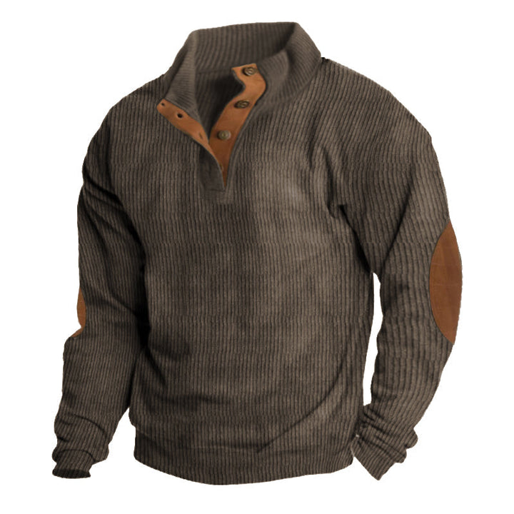 Brauner Herrenpullover mit Knopfleiste, Rippenstrick, Wildlederbesatz, Ellbogenpatches.