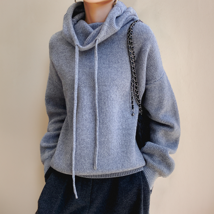 Damen Kapuzenpullover grau, Strick, lässig, modisch, Herbstmode, gemütlich, warm.