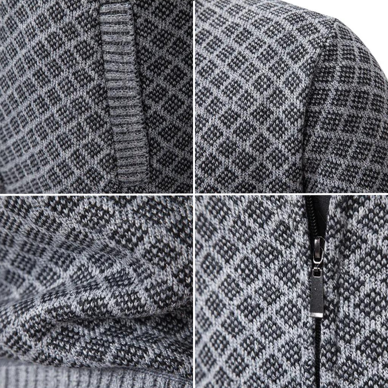 Grauer Strickpullover mit Rautenmuster, Reißverschlussdetail, weiches Material, modisch und warm.