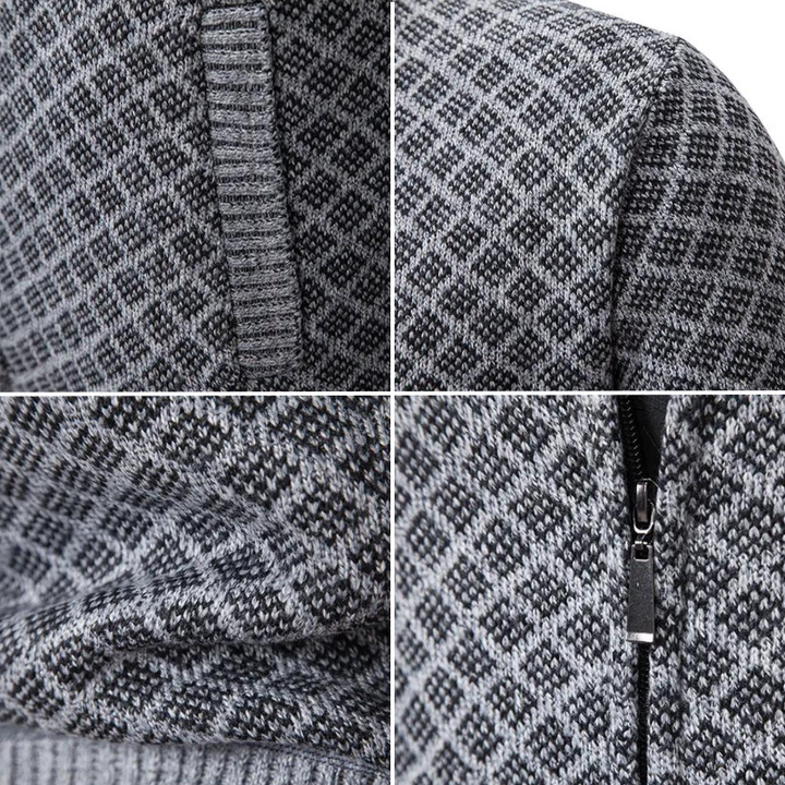 Grauer Strickpullover mit Rautenmuster, Reißverschlussdetail, weiches Material, modisch und warm.