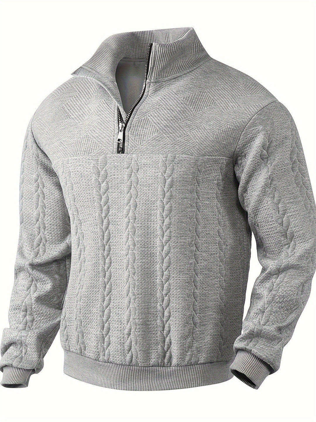 Grauer Strickpullover mit Reißverschluss, Zopfmuster, Herrenmode, Winterkleidung, Baumwolle.