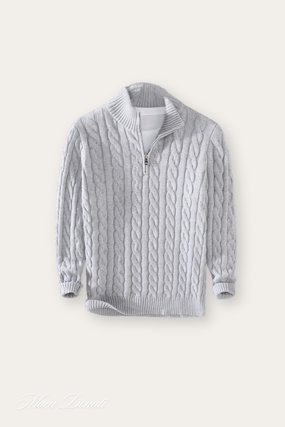 Grauer Strickpullover mit Reißverschluss, Zopfmuster, Herrenmode, Winterbekleidung.