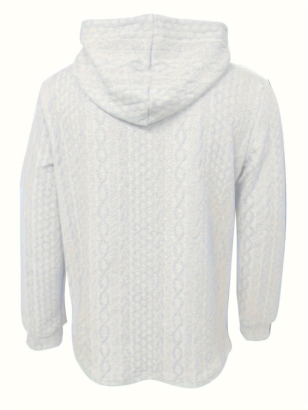 Hellgrauer Kapuzenpullover mit Zopfmuster, langärmelig, aus Baumwolle, Rückansicht.