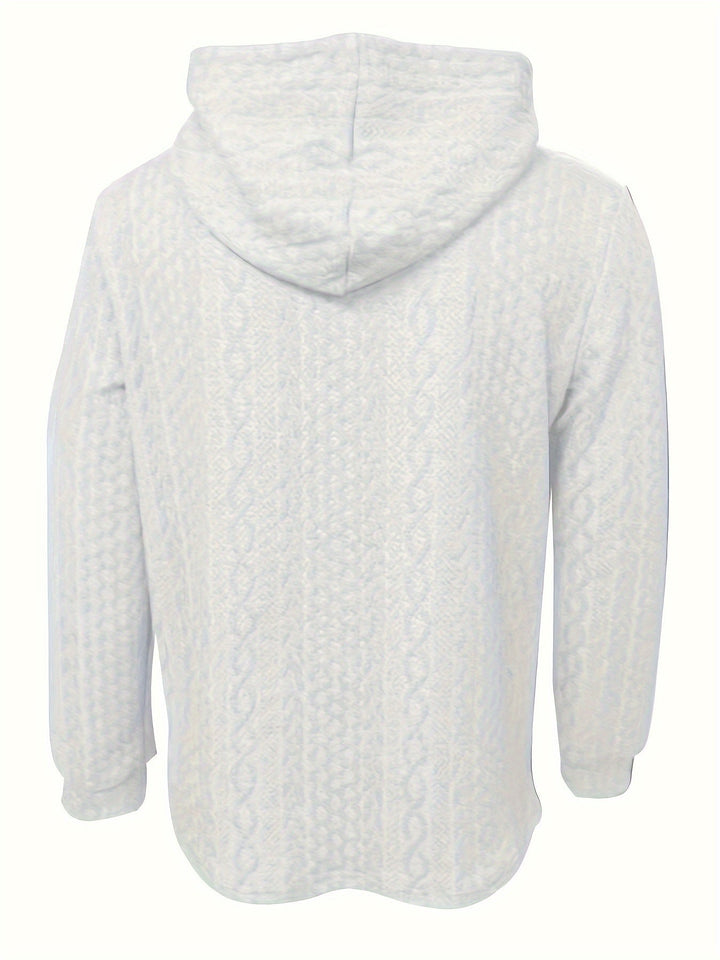 Hellgrauer Kapuzenpullover mit Zopfmuster, langärmelig, aus Baumwolle, Rückansicht.