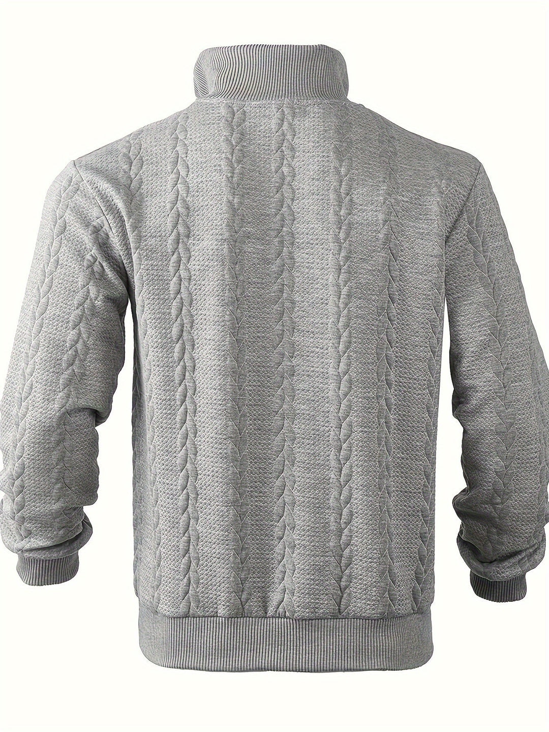 Grauer Strickpullover Herren, Zopfmuster, Stehkragen, warm, modisch, Wintermode.