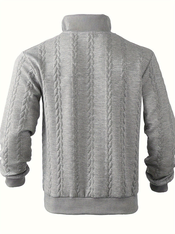 Grauer Strickpullover Herren, Zopfmuster, Stehkragen, warm, modisch, Wintermode.