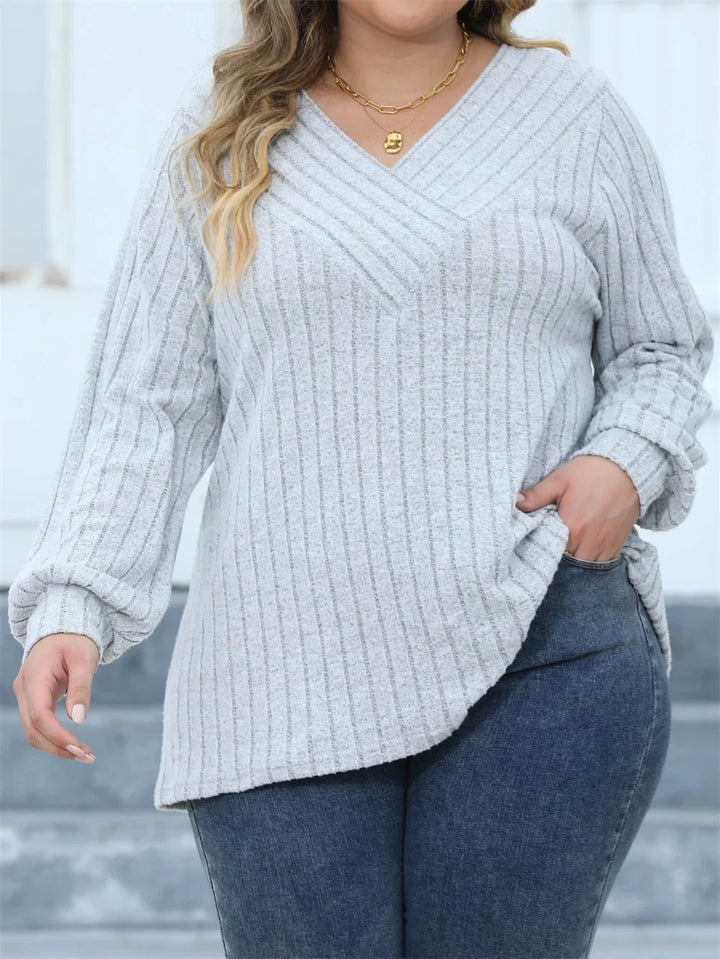Damen Pullover grau, V-Ausschnitt, Strick, langärmelig, lässig, Herbstmode, Plus Size.