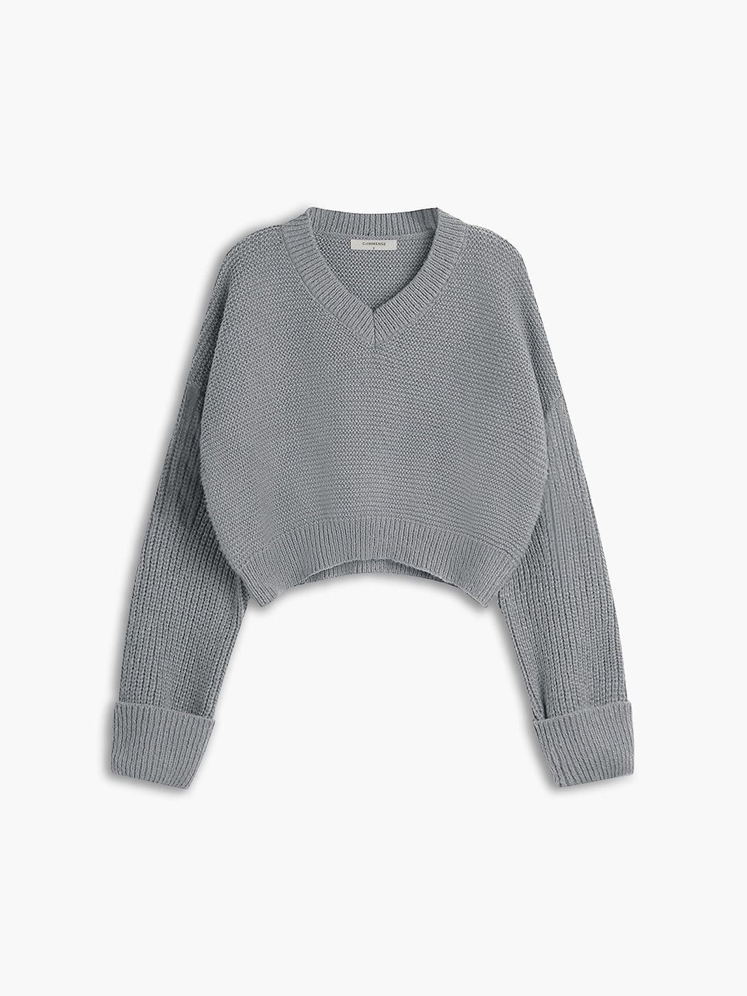 Grauer Strickpullover Damen, V-Ausschnitt, langärmelig, modisch, bequem, Herbstmode.