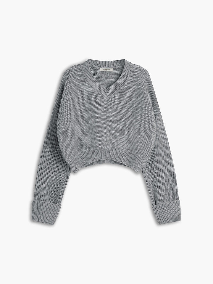 Grauer Strickpullover Damen, V-Ausschnitt, langärmelig, modisch, bequem, Herbstmode.