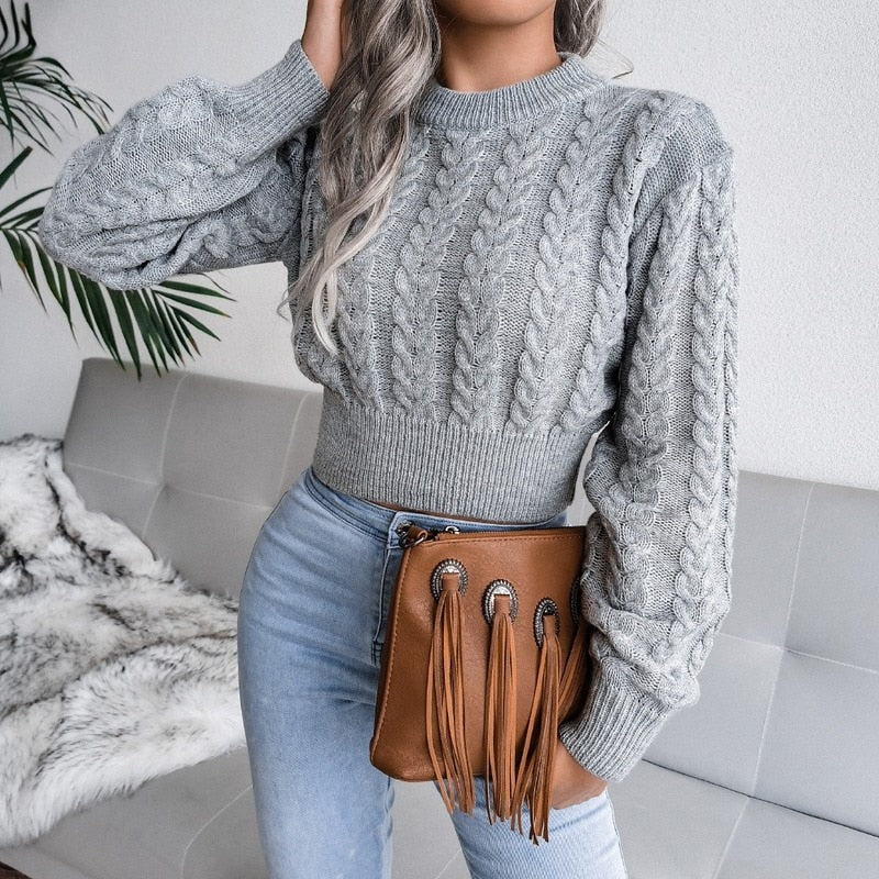 Frau in grauem Strickpullover mit brauner Fransenhandtasche, modisch, gemütlich, Wohnzimmer.