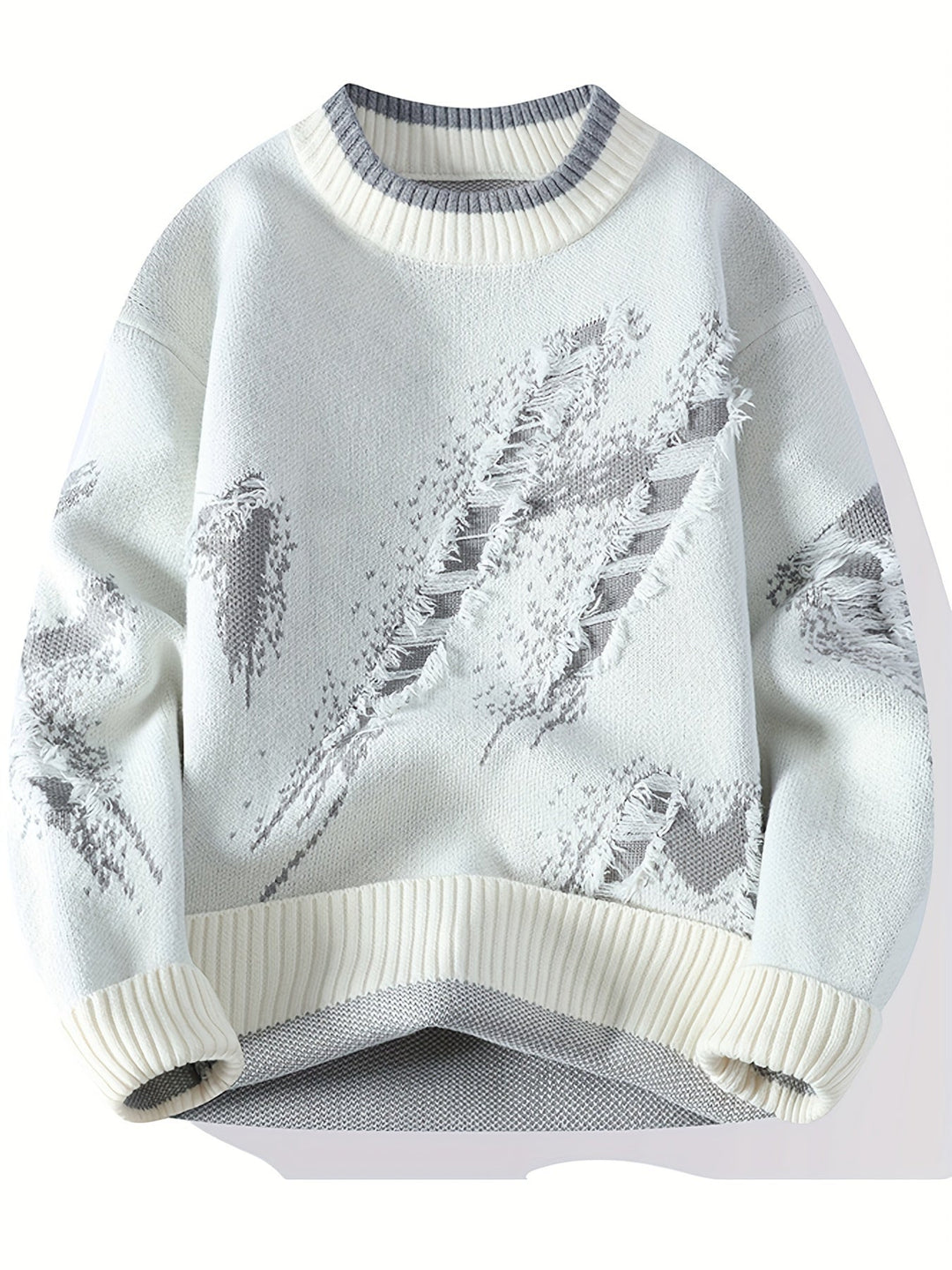 Weißer Strickpullover mit grauem Muster, Rundhalsausschnitt, Baumwolle, Herrenmode, Winterkleidung.