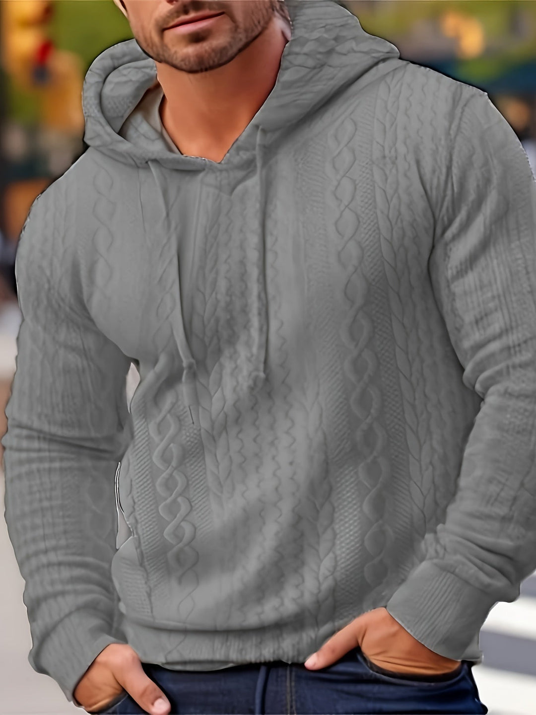 Grauer Herren-Kapuzenpullover, Strickmuster, lässig, modisch, Herbstmode.