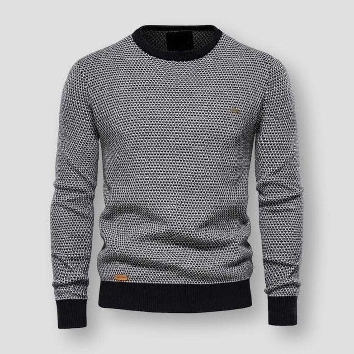 Grauer Herrenpullover, Strickmuster, Rundhalsausschnitt, Baumwolle, modisch, bequem.