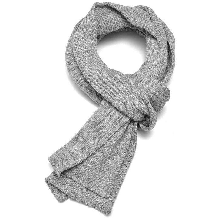 Grauer Strickschal aus Wolle, modisches Accessoire, warm und weich für den Winter.