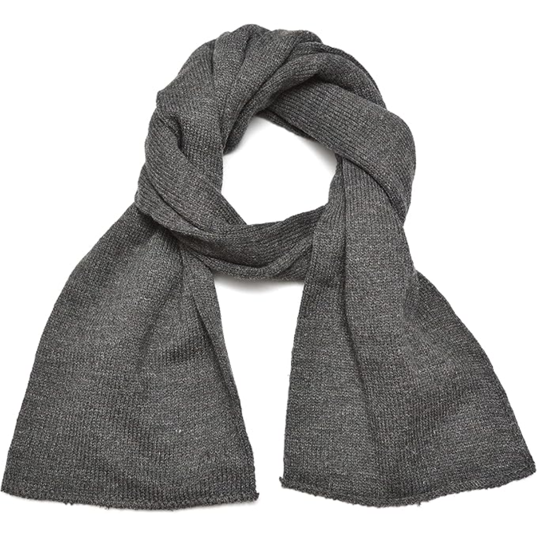 Grauer Strickschal aus Wolle, warm und modisch, ideal für Herbst und Winter.