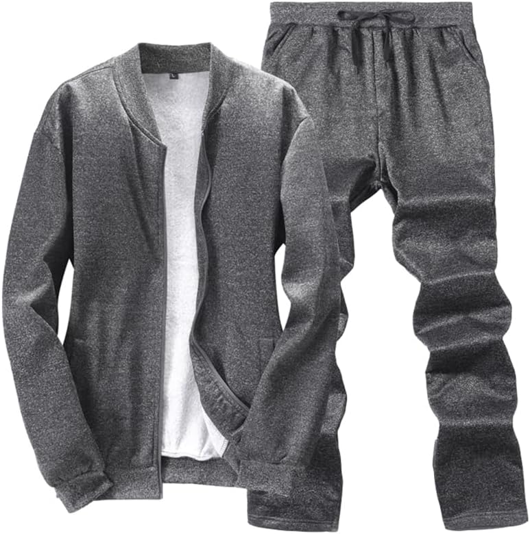 Dunkelgrauer Herren-Trainingsanzug, Baumwolle, Reißverschlussjacke, Jogginghose, Sportbekleidung.