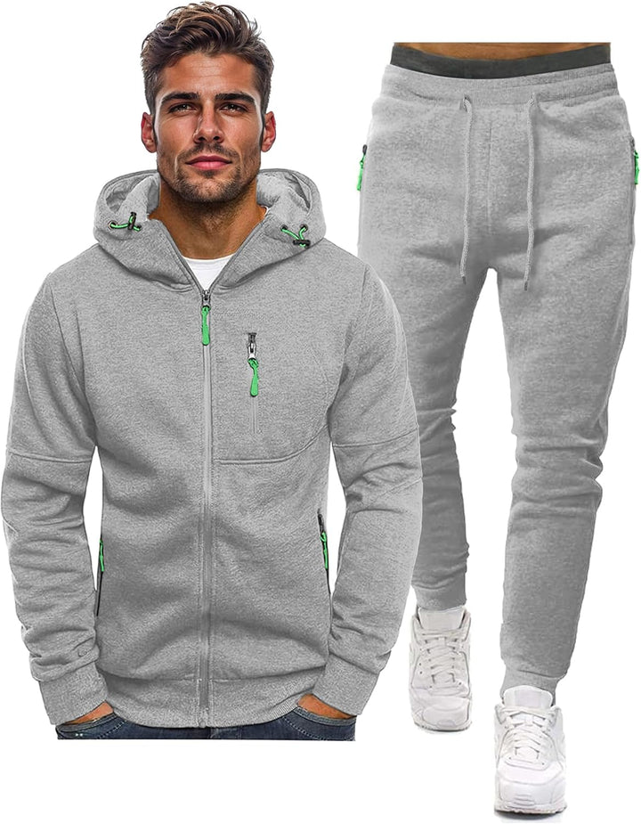 Grauer Herren-Trainingsanzug mit Kapuzenjacke und Jogginghose, Reißverschlüsse, sportlich.