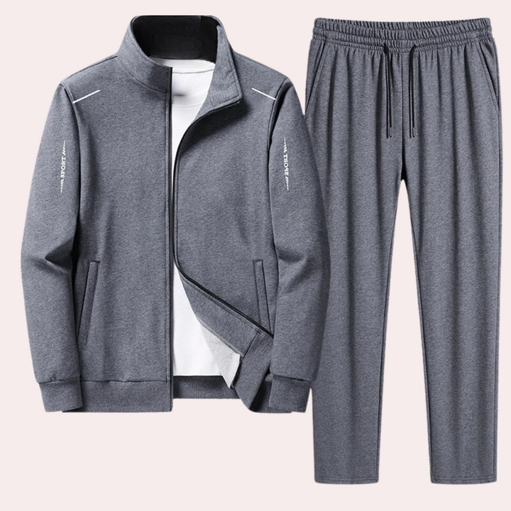 Grauer Herren-Trainingsanzug, Jacke und Hose, atmungsaktiv, Sportbekleidung, Freizeitmode.