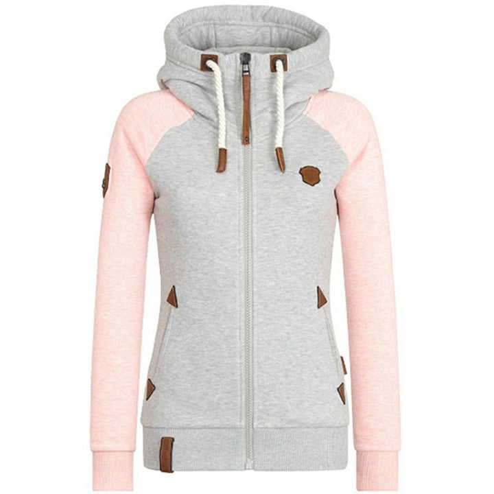 Graues Damen-Kapuzenjacke mit rosa Ärmeln, Reißverschluss, weiches Material, modern.