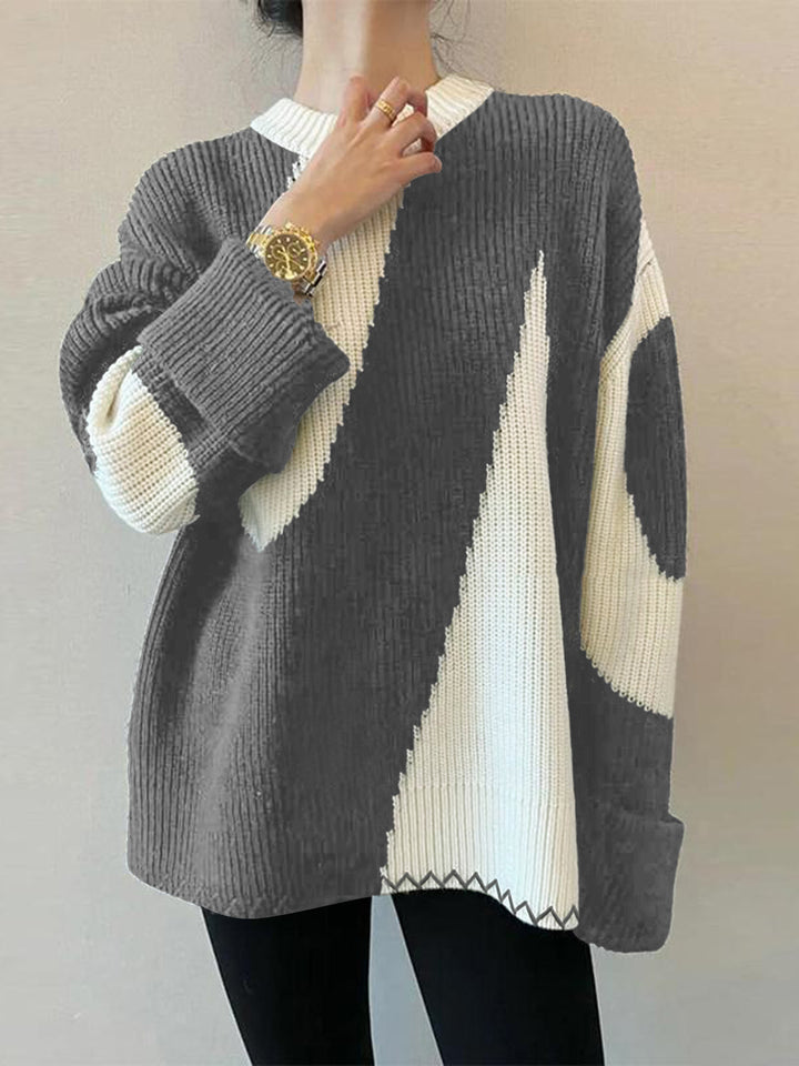 Damenpullover, grau-weiß, Strick, geometrisches Muster, lässig, modisch, Herbstmode.