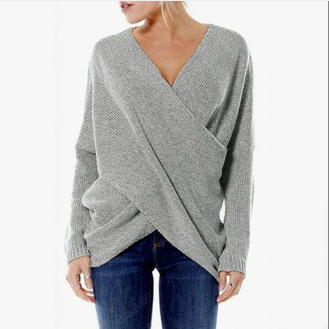Grauer Damenpullover mit V-Ausschnitt, Strick, lässig, überkreuztes Design, modisch.