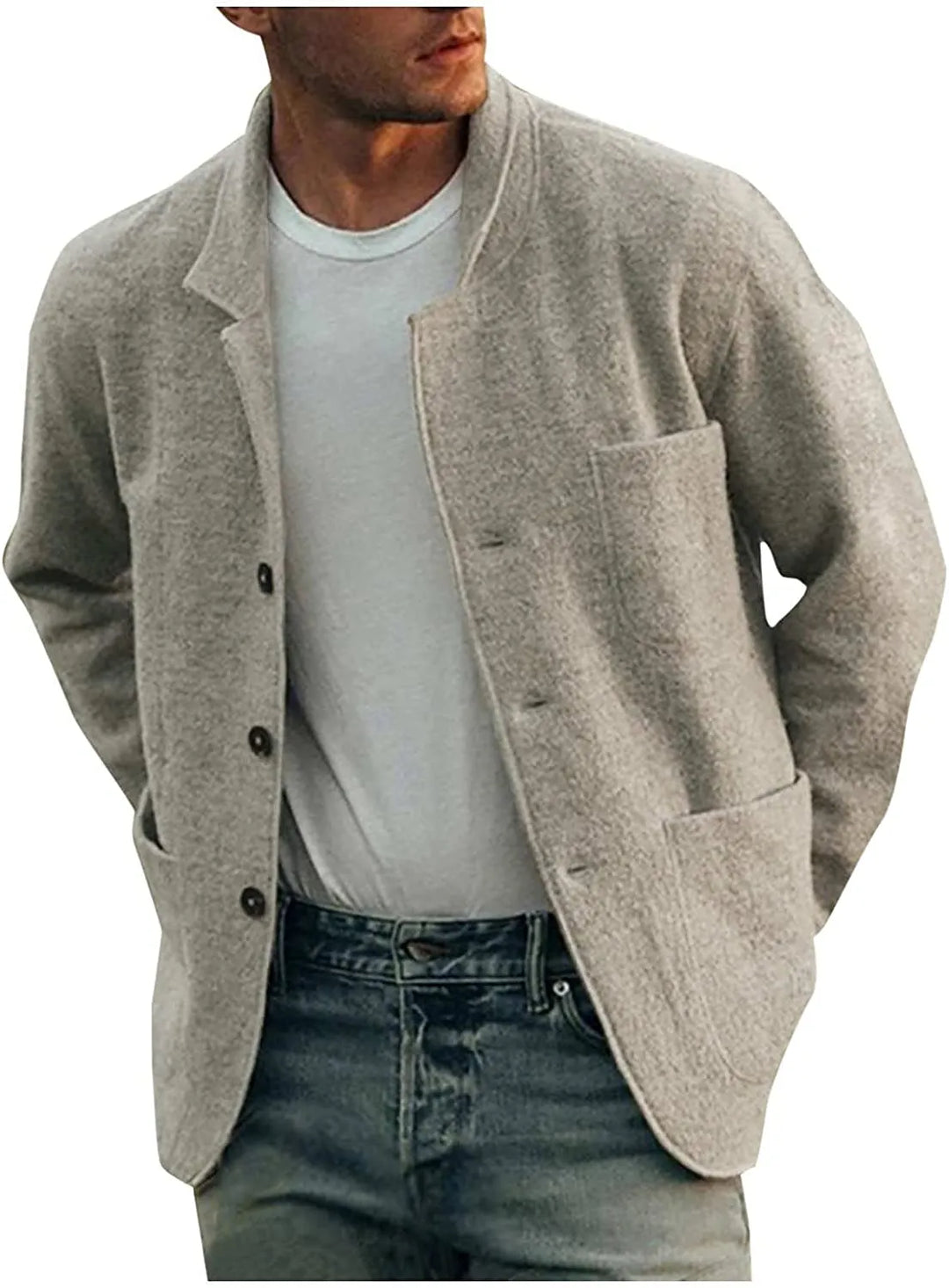 Graue Herrenjacke aus Wolle, lässig, mit Knöpfen, große Taschen, modisch, bequem.