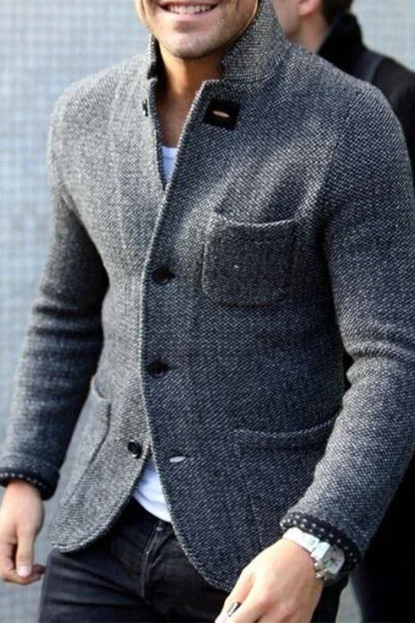 Grauer Herrenblazer aus Wolle, elegantes Design, modischer Freizeitlook, Herbstmode.