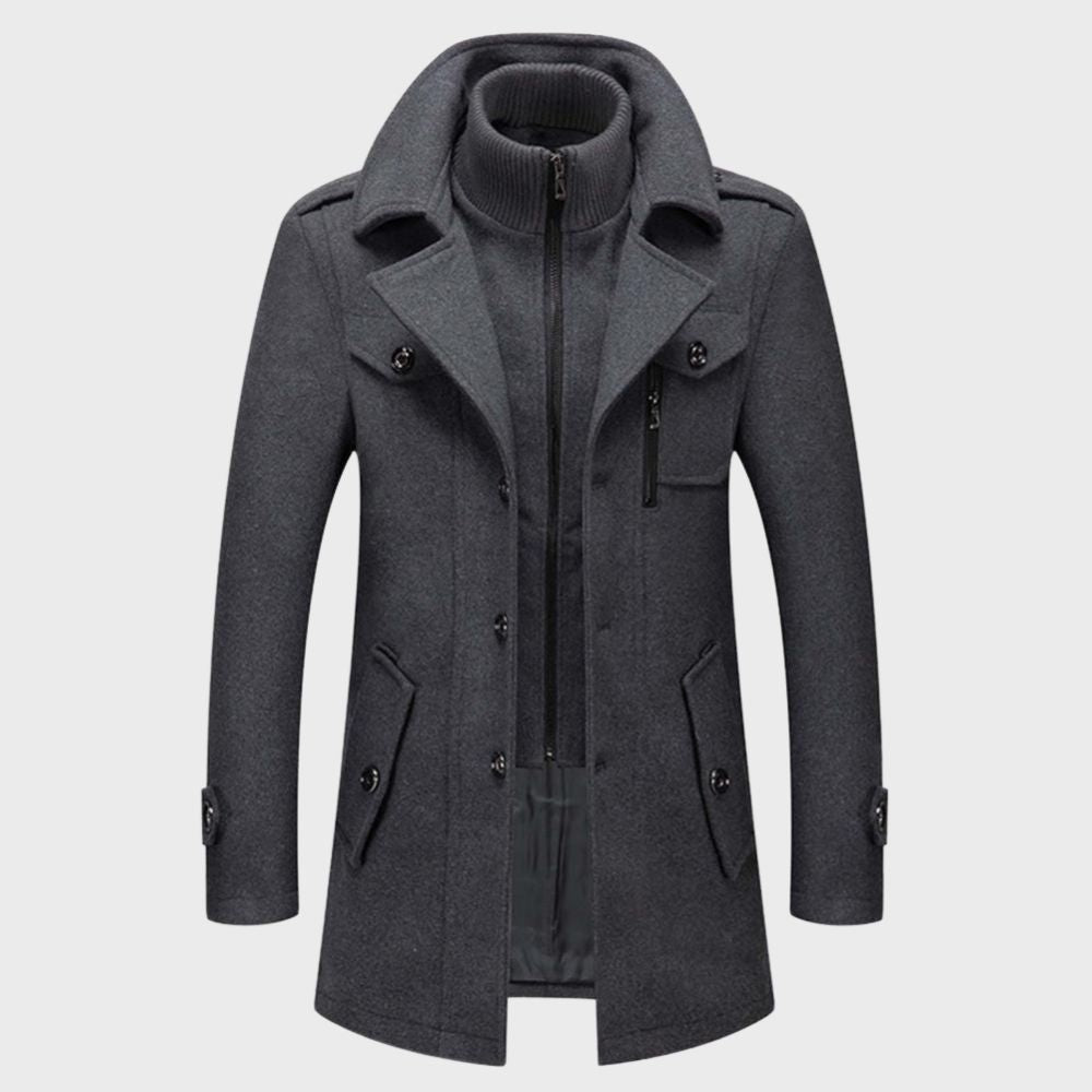Grauer Herrenmantel, Wollmischung, doppelreihig, modisch, Winterjacke, elegantes Design.