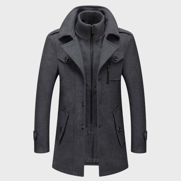 Grauer Herrenmantel, Wollmischung, doppelreihig, modisch, Winterjacke, elegantes Design.
