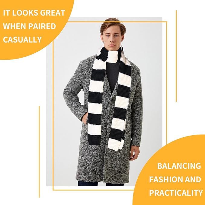 Grauer Herrenmantel mit schwarz-weißem Schal, modisch, elegant, Wintermode, lässiger Stil.