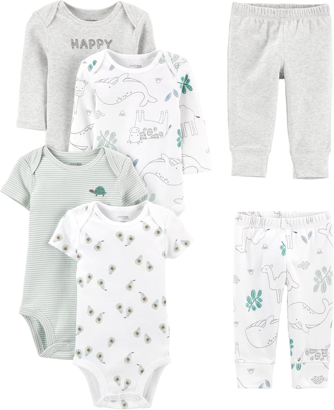 Baby-Set aus Baumwolle, 6-teilig, grau und weiß, mit Tiermotiven, für Neugeborene.