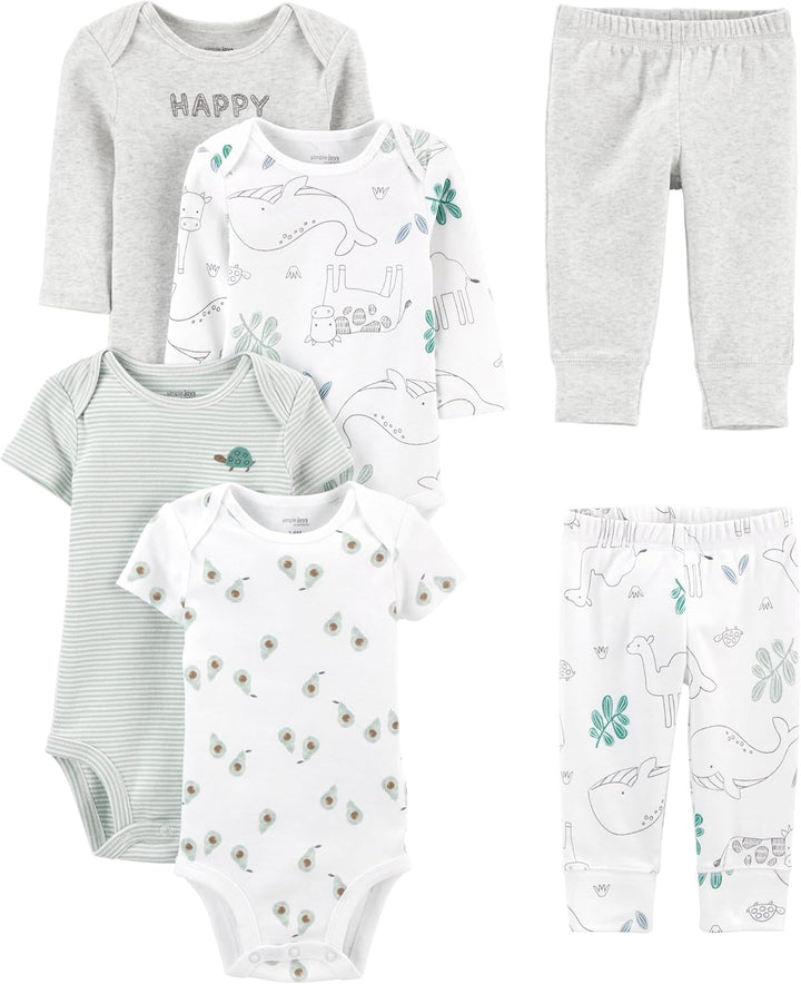 Baby-Set aus Baumwolle, 6-teilig, grau und weiß, mit Tiermotiven, für Neugeborene.