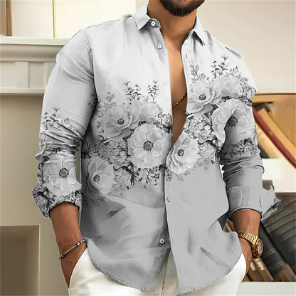 Graues Herrenhemd mit Blumenmuster, langärmelig, elegant, Freizeitmode.