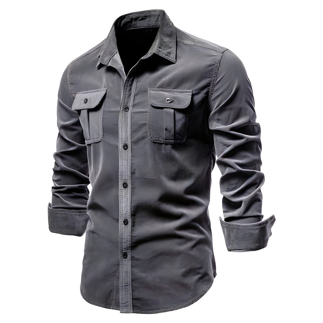 Graues Herrenhemd aus Cord, einreihig, 100% Baumwolle, Business Casual Mode.