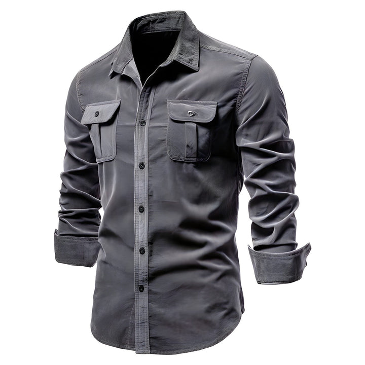 Graues Herrenhemd aus Cord, einreihig, 100% Baumwolle, Business Casual Mode.