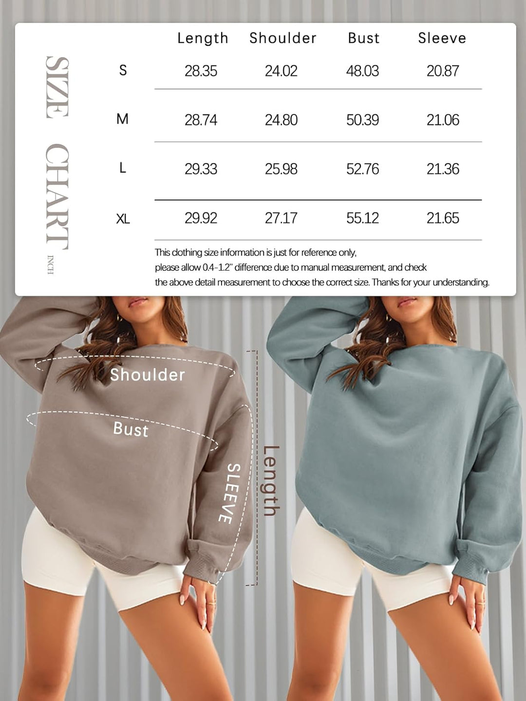 Frau trägt oversized Pullover, beige und blau, mit Größentabelle, modisch, lässig, bequem.