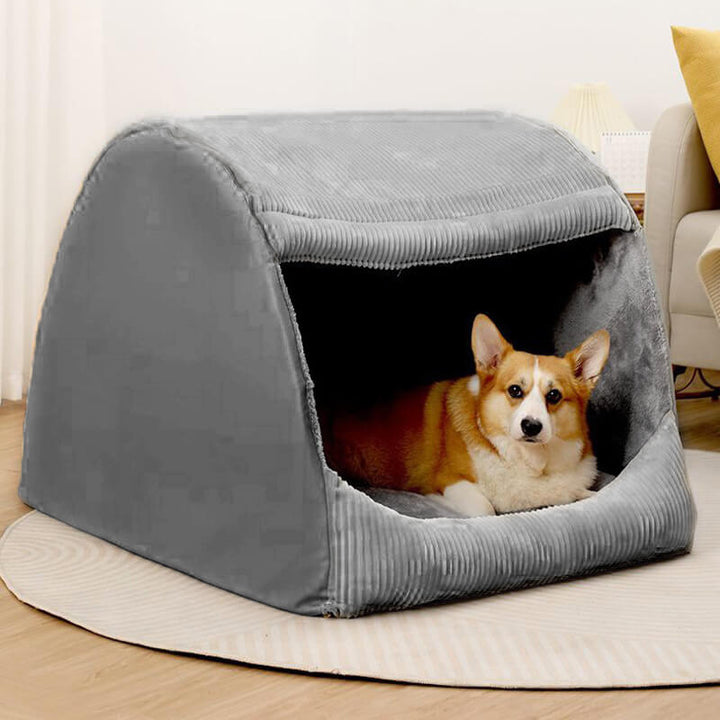 Graues Hundebett aus Plüsch mit Corgi, gemütlich, waschbar, für kleine Hunde.
