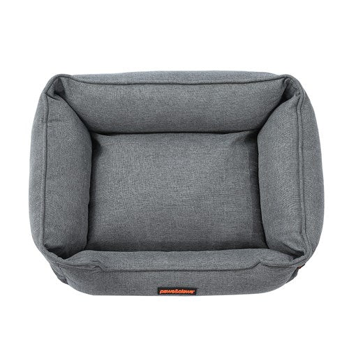 Graues Hundebett aus Stoff, rechteckig, bequem, ideal für Haustiere, langlebig und stilvoll.