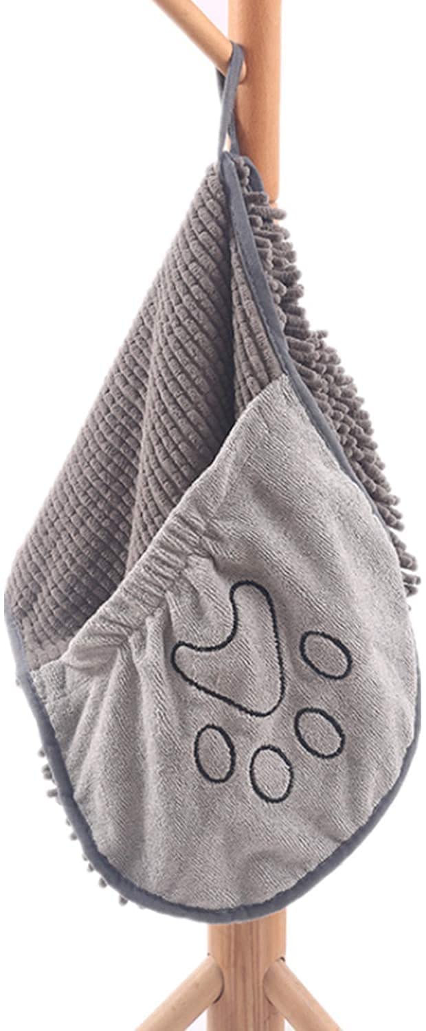 Graues Mikrofaser-Handtuch mit Pfotenstickerei, ideal für Haustierpflege und Trocknung.