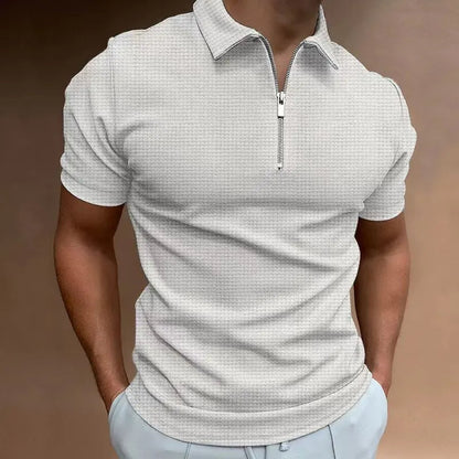 Herren Poloshirt mit Reißverschluss, weiß, kurzärmelig, Baumwolle, modisch, Freizeitkleidung