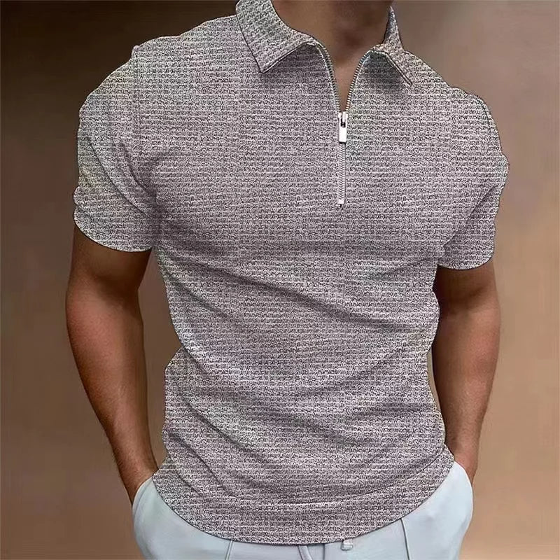 Graues Herren-Poloshirt mit Reißverschluss, kurzärmelig, lässig, Baumwolle, modisch.