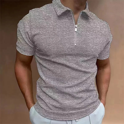 Graues Herren-Poloshirt mit Reißverschluss, kurzärmelig, lässig, Baumwolle, modisch.