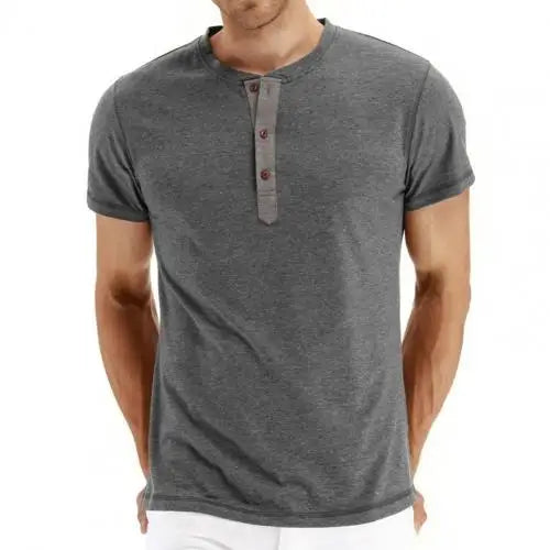 Graues Herren-T-Shirt mit Knopfleiste, Kurzarm, Baumwolle, lässig, modisch.