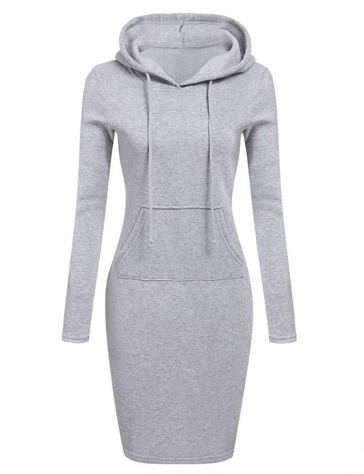 Graues Kapuzenkleid Damen, langärmelig, Baumwolle, sportlich, bequem, modisch, Freizeitkleidung.
